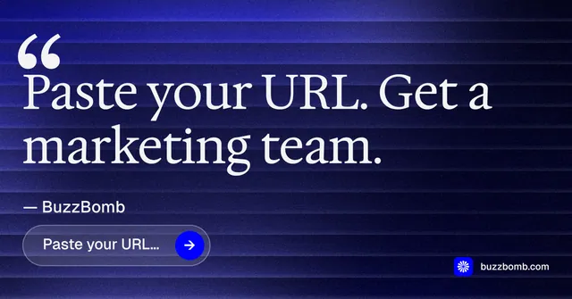 Social ad for BuzzBomb: "Seven agents. One chat." Agentic glass style, quote layout, dark palette in black, blue, grey.