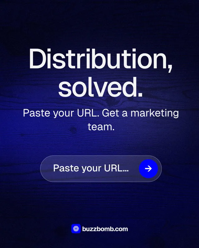 Instagram portrait post for BuzzBomb: "Distribution, solved." Agentic glass style, skeleton layout, dark palette in black, blue, grey.