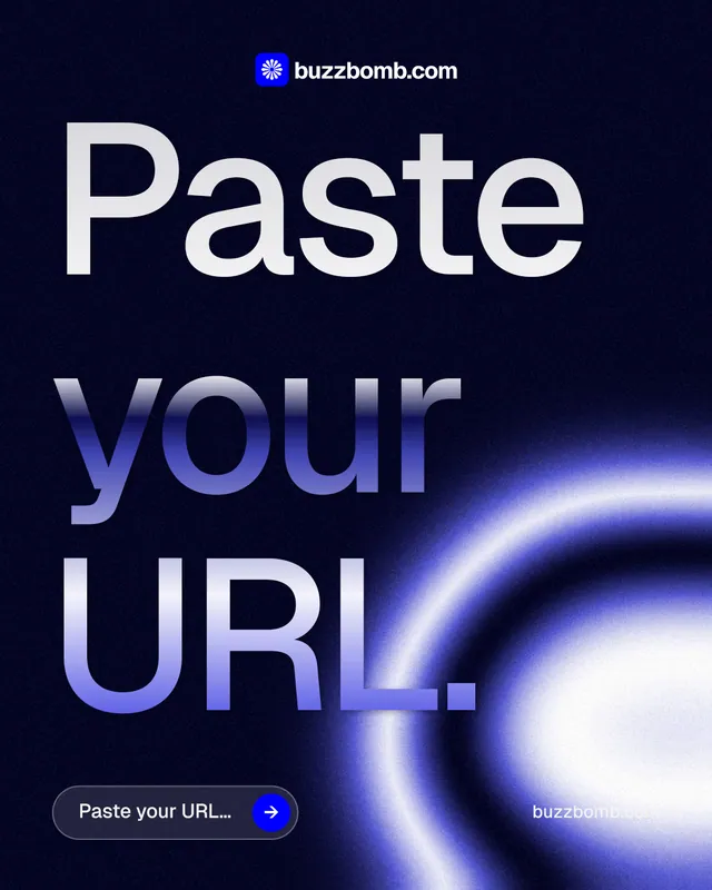Instagram portrait post for BuzzBomb: "Paste your URL." Agentic glass style, poster layout, dark palette in black, blue.