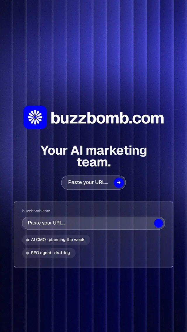 Instagram story for BuzzBomb: "Your AI marketing team." Agentic glass style, logo hero layout, dark palette in blue.