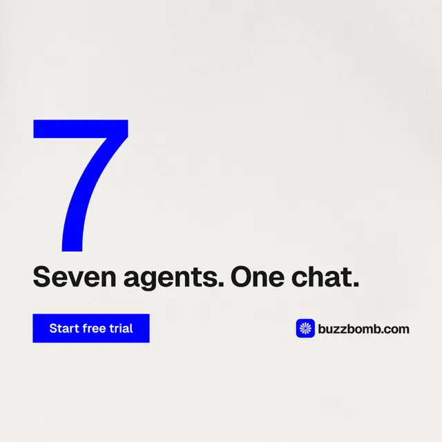 Instagram post for BuzzBomb: "One launch. A week of posts." Swiss style, stat layout, light palette in white, blue.