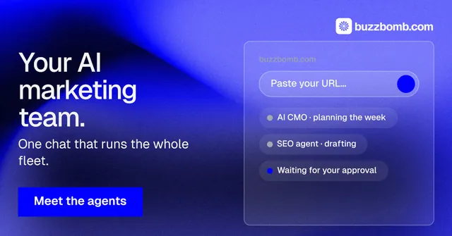 Social ad for BuzzBomb: "Your AI marketing team." Swiss style, bottom layout, dark palette in blue.