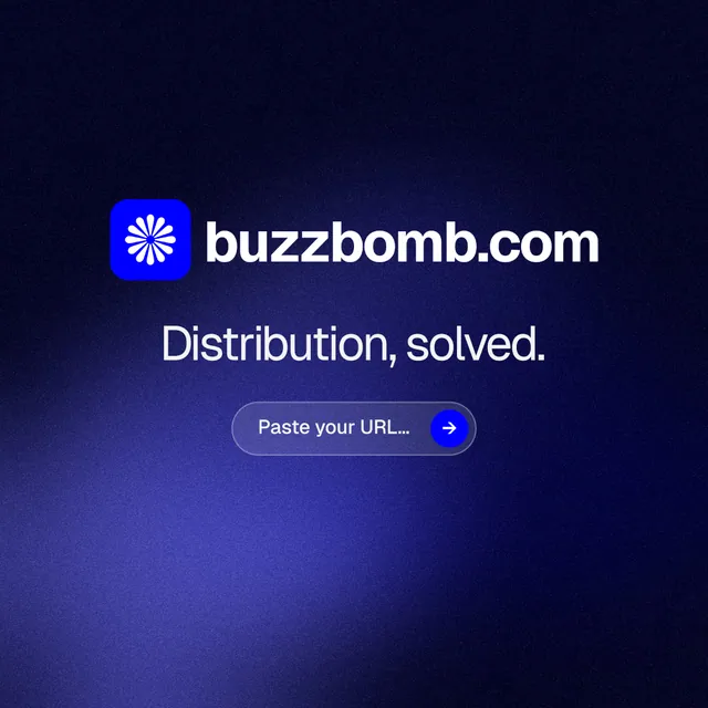 Instagram post for BuzzBomb: "Distribution, solved." Agentic glass style, logo hero layout, dark palette in black, blue.