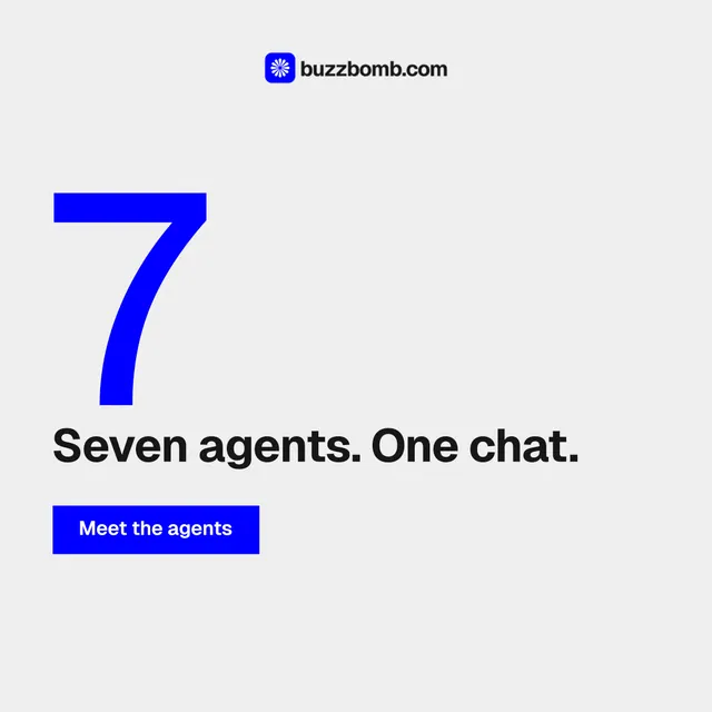 Instagram post for BuzzBomb: "Paste your URL." Swiss style, stat layout, light palette in white, blue.