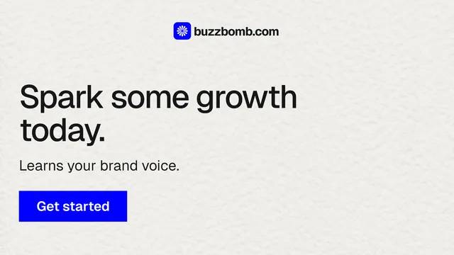 Landscape graphic for BuzzBomb: "Spark some growth today." Swiss style, skeleton layout, light palette in white, blue.