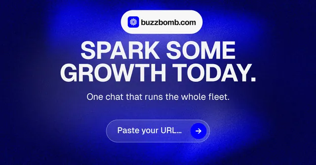 Social ad for BuzzBomb: "Spark some growth today." Agentic glass style, centred layout, dark palette in blue.