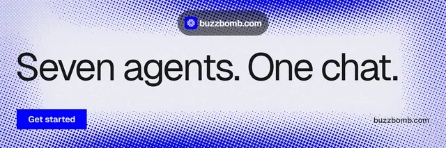 X header for BuzzBomb: "Seven agents. One chat." Swiss style, poster layout, light palette in blue, white.