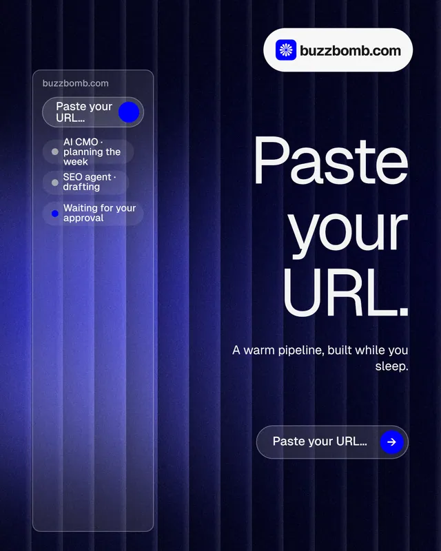 Instagram portrait post for BuzzBomb: "Paste your URL." Agentic glass style, right layout, dark palette in blue, black.