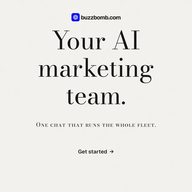 Instagram post for BuzzBomb: "Your AI marketing team." Minimal luxury style, smallcaps layout, light palette in white.