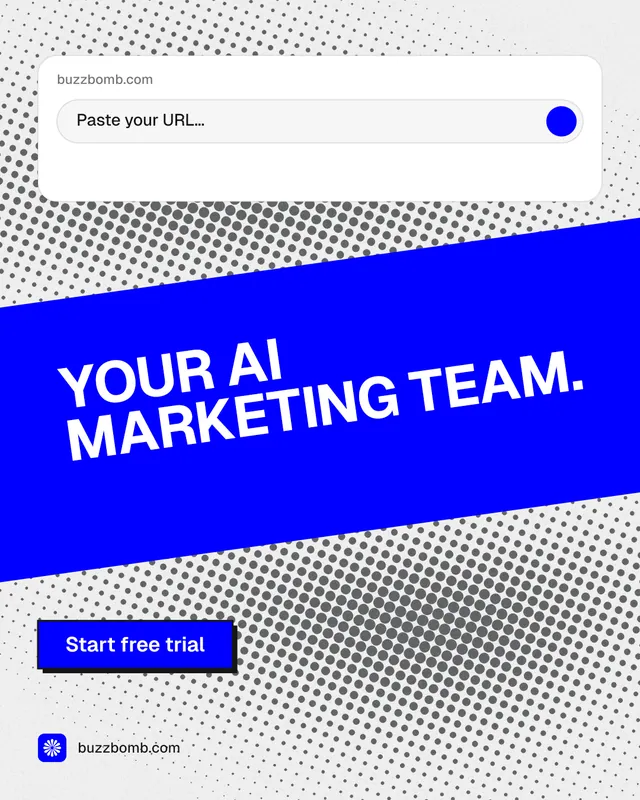 Instagram portrait post for BuzzBomb: "Your AI marketing team." Brutalist style, diagonal layout, light palette in blue, white.