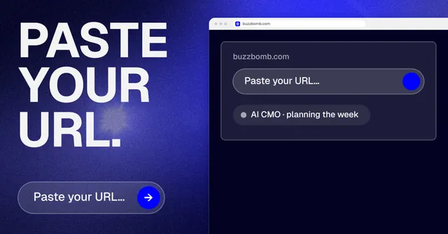 Social ad for BuzzBomb: "Paste your URL." Agentic glass style, browser layout, dark palette in blue, black, grey.