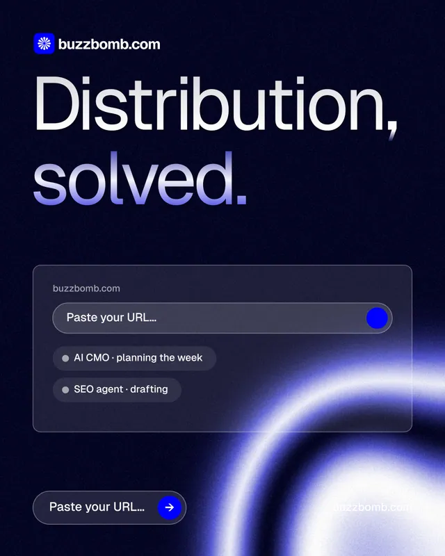 Instagram portrait post for BuzzBomb: "Distribution, solved." Agentic glass style, poster layout, dark palette in black, blue.