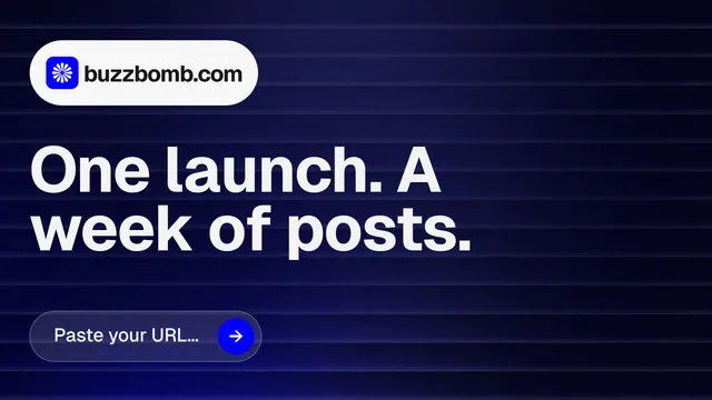 Landscape graphic for BuzzBomb: "One launch. A week of posts." Agentic glass style, announce layout, dark palette in black, blue, grey.