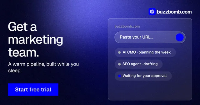 Social ad for BuzzBomb: "Get a marketing team." Swiss style, bottom layout, dark palette in black, blue.