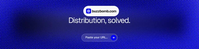 LinkedIn banner for BuzzBomb: "Distribution, solved." Agentic glass style, centred layout, dark palette in blue.