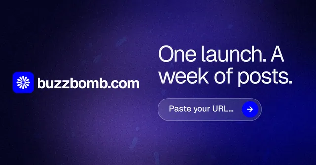 Social ad for BuzzBomb: "One launch. A week of posts." Agentic glass style, logo hero layout, dark palette in black, blue.