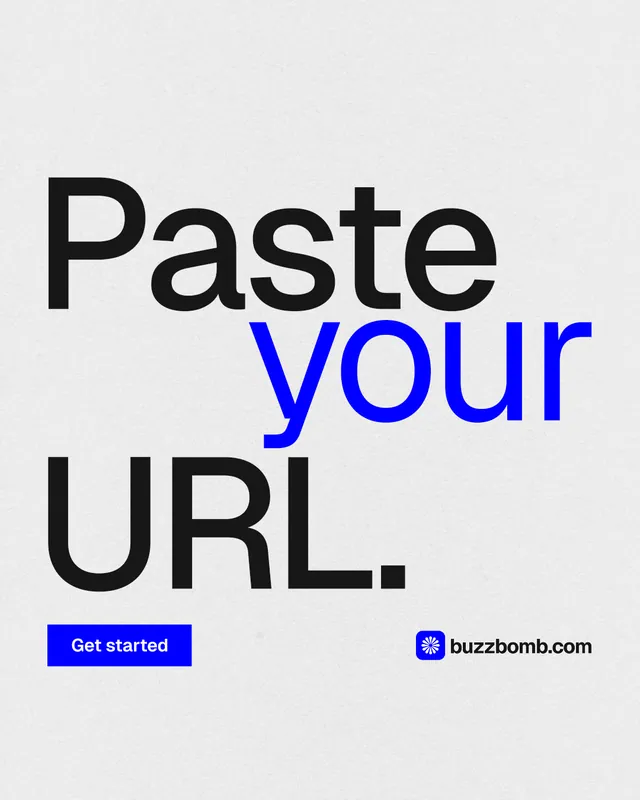 Instagram portrait post for BuzzBomb: "Paste your URL." Swiss style, stacked layout, light palette in white, blue.
