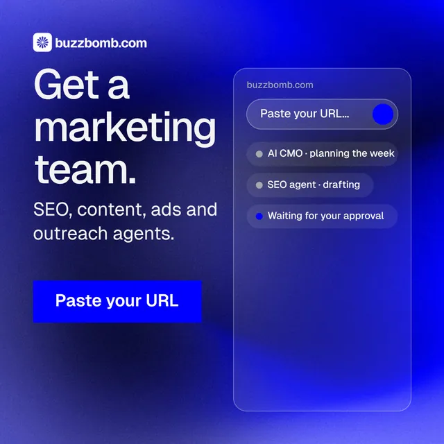 Instagram post for BuzzBomb: "Get a marketing team." Swiss style, skeleton layout, dark palette in blue.