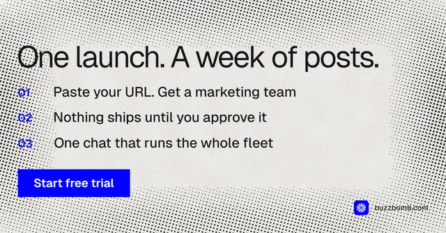 Social ad for BuzzBomb: "One launch. A week of posts." Swiss style, numbered layout, light palette in grey, white.