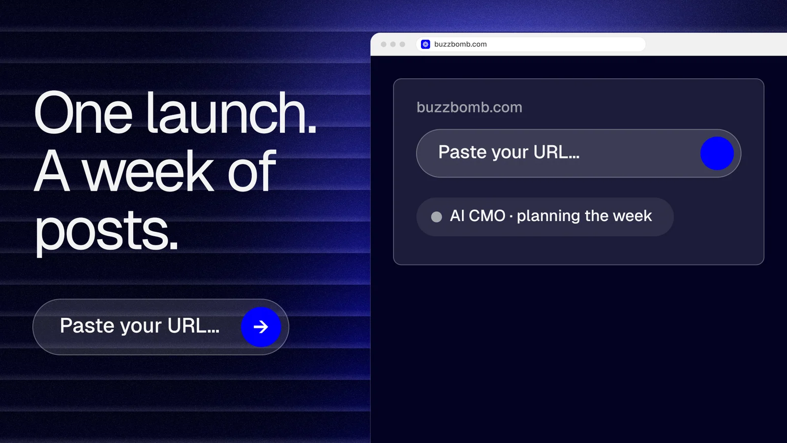Landscape graphic for BuzzBomb: "One launch. A week of posts." Agentic glass style, browser layout, dark palette in blue, black, grey.
