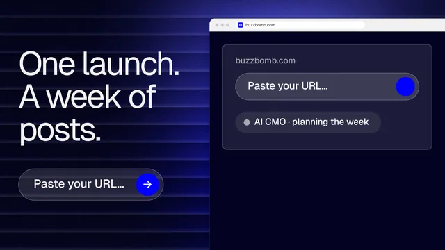 Landscape graphic for BuzzBomb: "One launch. A week of posts." Agentic glass style, browser layout, dark palette in blue, black, grey.