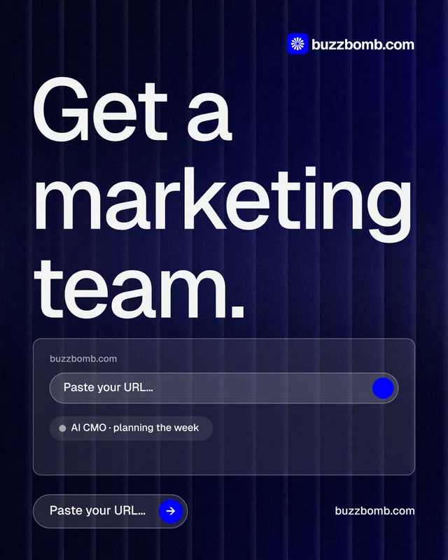 Instagram portrait post for BuzzBomb: "Get a marketing team." Agentic glass style, poster layout, dark palette in blue, black, grey.