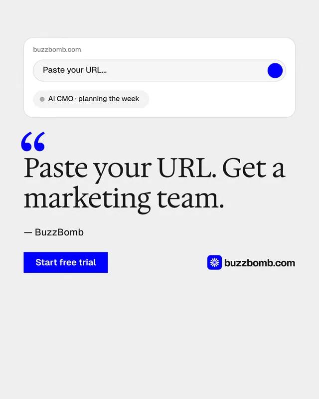 Instagram portrait post for BuzzBomb: "Distribution, solved." Swiss style, quote layout, light palette in white, blue.