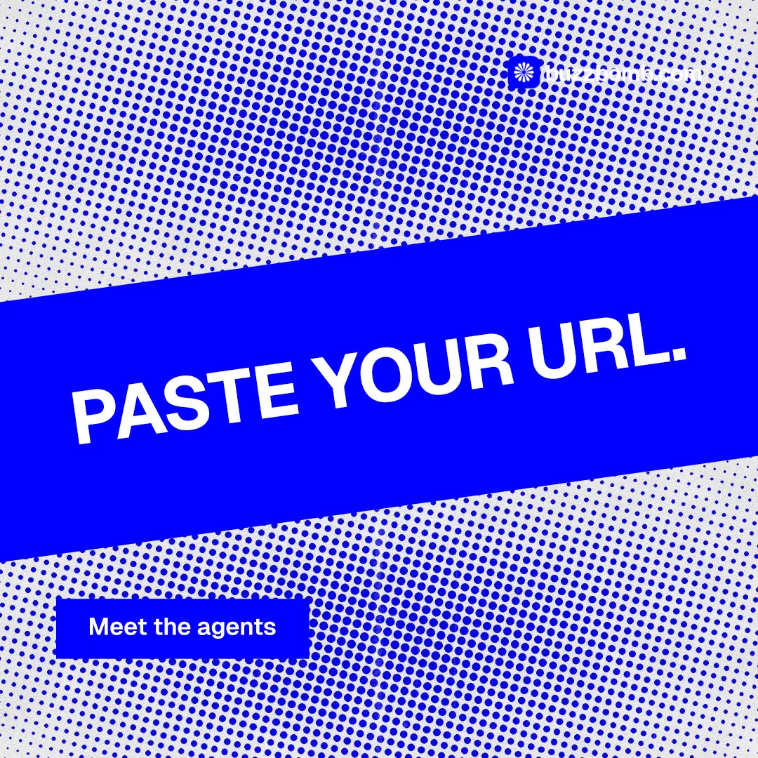 Instagram post for BuzzBomb: "Paste your URL." Swiss style, diagonal layout, light palette in blue.