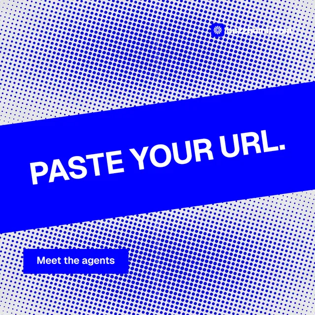 Instagram post for BuzzBomb: "Paste your URL." Swiss style, diagonal layout, light palette in blue.