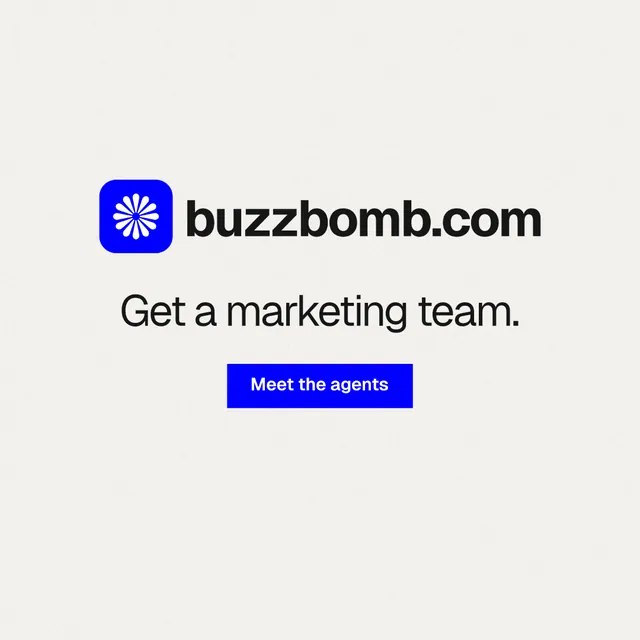 Instagram post for BuzzBomb: "Get a marketing team." Swiss style, logo hero layout, light palette in white, blue.