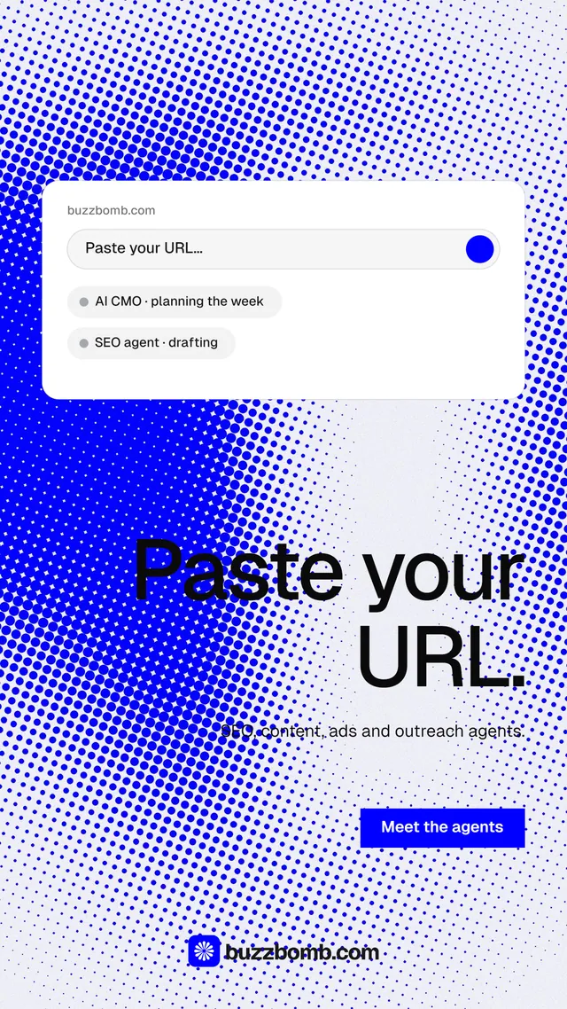 Instagram story for BuzzBomb: "Paste your URL." Split block style, right layout, light palette in blue, white.