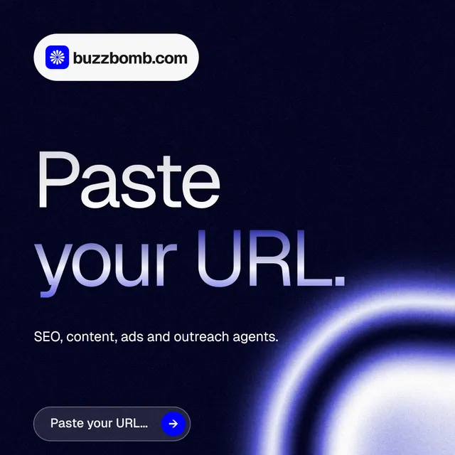 Instagram post for BuzzBomb: "Paste your URL." Agentic glass style, announce layout, dark palette in black, blue.
