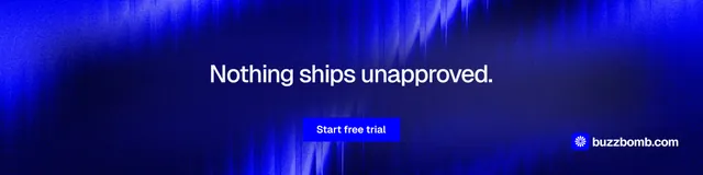 LinkedIn banner for BuzzBomb: "Nothing ships unapproved." Swiss style, centred layout, dark palette in blue.