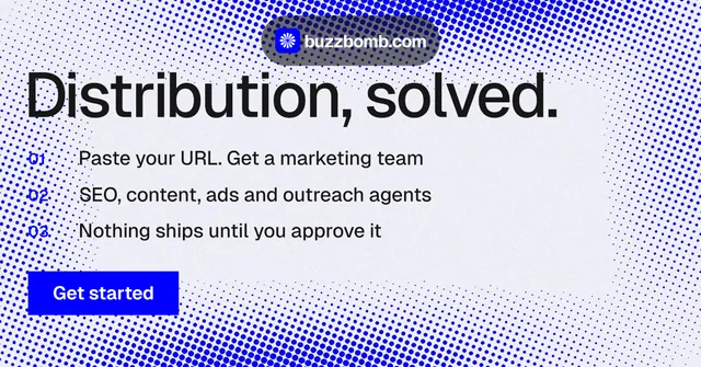 Social ad for BuzzBomb: "Distribution, solved." Swiss style, numbered layout, light palette in blue, white.