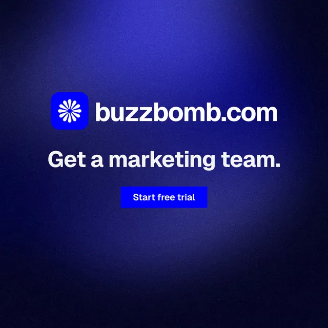 Instagram post for BuzzBomb: "Get a marketing team." Swiss style, logo hero layout, dark palette in black, blue.