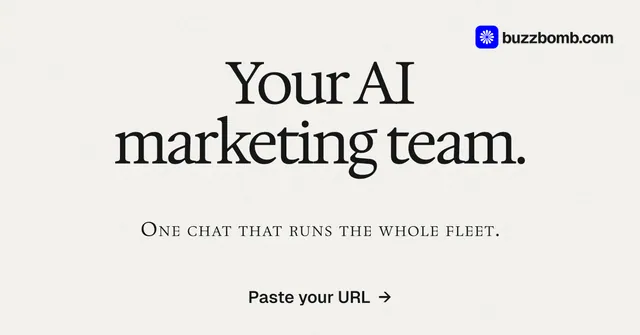 Social ad for BuzzBomb: "Your AI marketing team." Swiss style, smallcaps layout, light palette in white, grey.