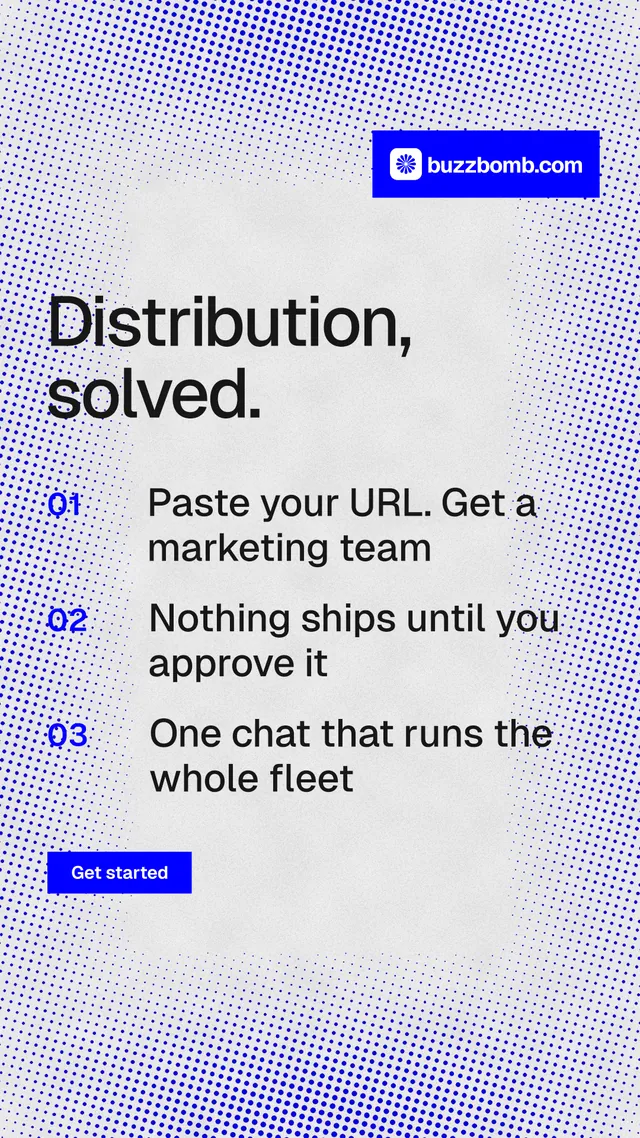 Instagram story for BuzzBomb: "Distribution, solved." Swiss style, numbered layout, light palette in blue, white.