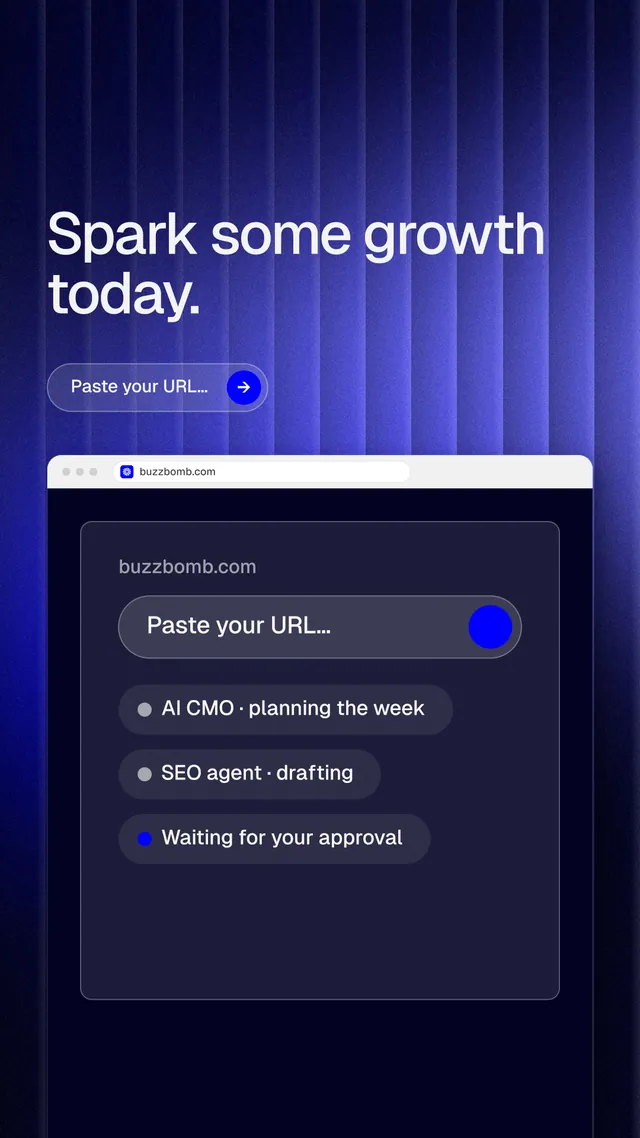 Instagram story for BuzzBomb: "Spark some growth today." Agentic glass style, browser layout, dark palette in blue, black.