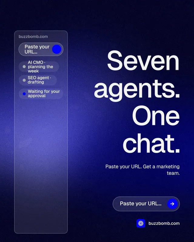 Instagram portrait post for BuzzBomb: "Seven agents. One chat." Agentic glass style, right layout, dark palette in black, blue.