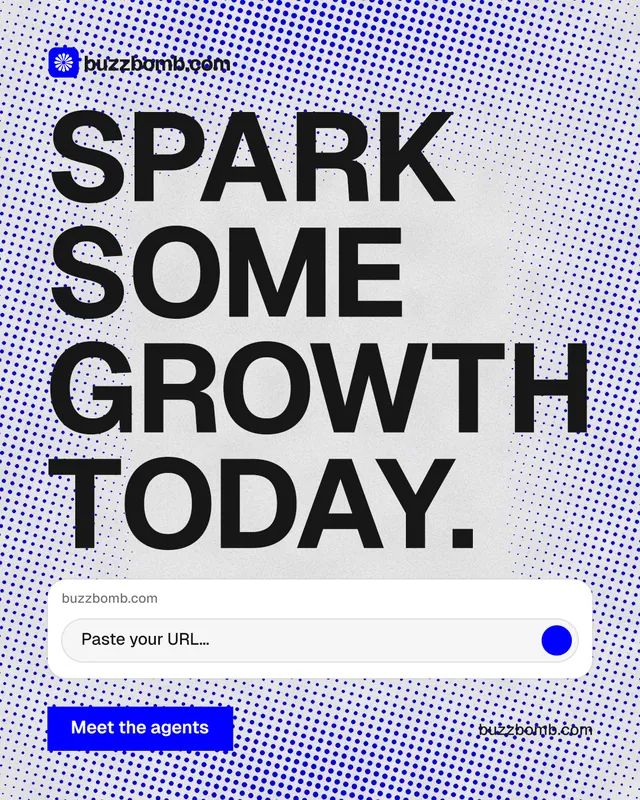 Instagram portrait post for BuzzBomb: "Spark some growth today." Swiss style, poster layout, light palette in blue, grey, white.