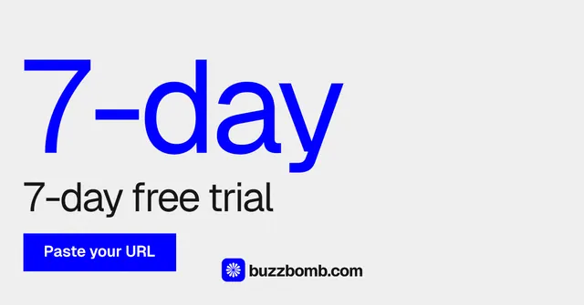 Social ad for BuzzBomb: "Seven agents. One chat." Swiss style, stat layout, light palette in white, blue.