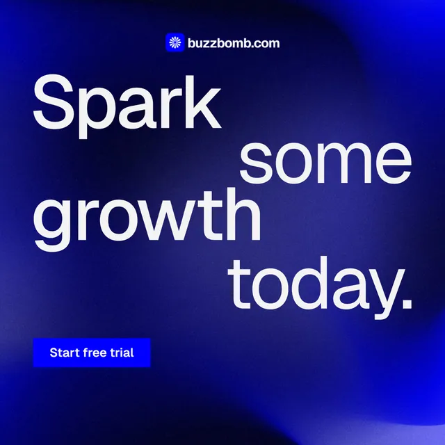 Instagram post for BuzzBomb: "Spark some growth today." Swiss style, stacked layout, dark palette in blue.