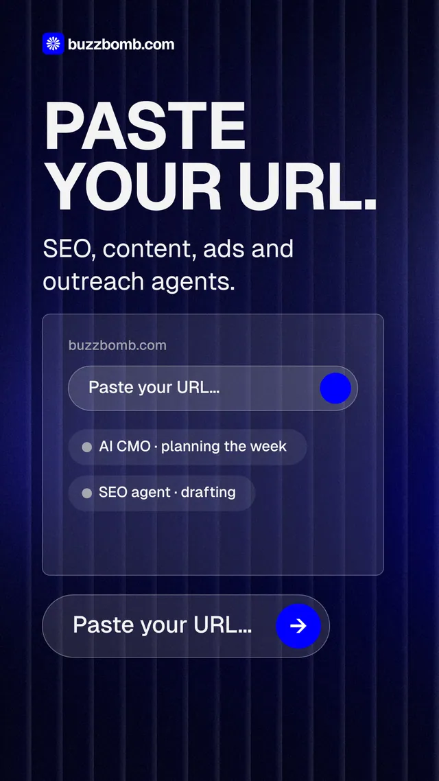 Instagram story for BuzzBomb: "Paste your URL." Agentic glass style, skeleton layout, dark palette in blue, black, grey.