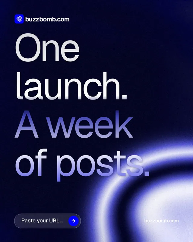 Instagram portrait post for BuzzBomb: "One launch. A week of posts." Agentic glass style, poster layout, dark palette in black, blue.