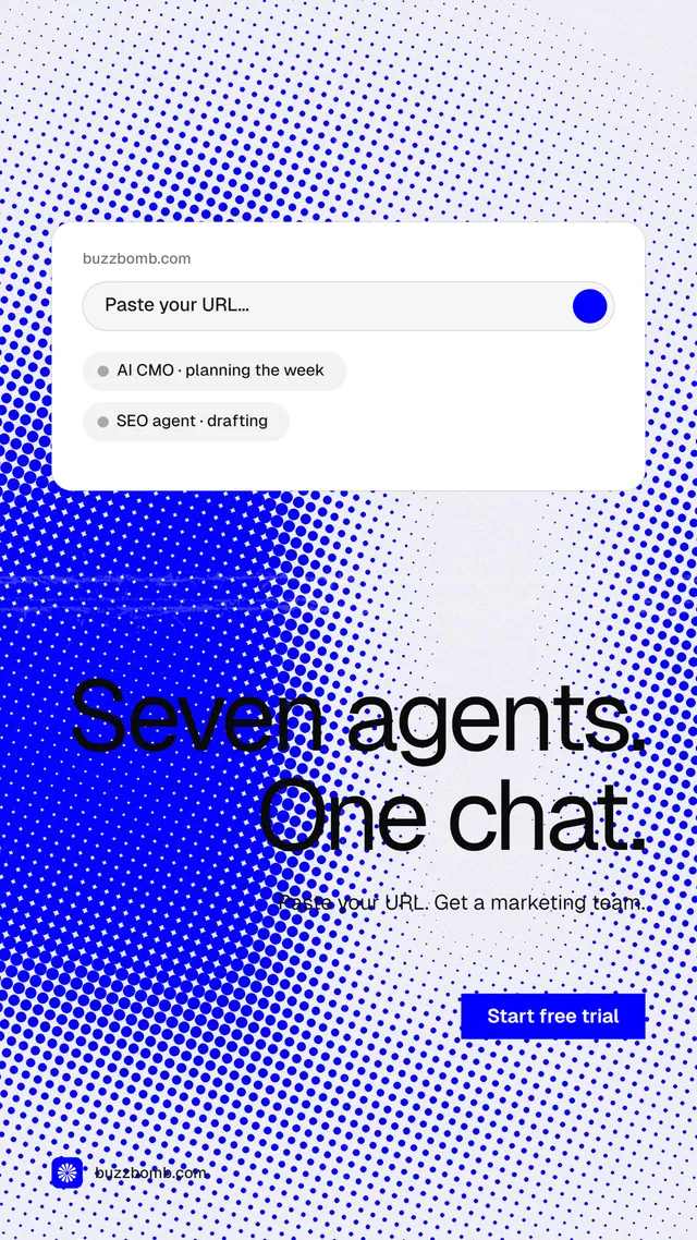 Instagram story for BuzzBomb: "Seven agents. One chat." Swiss style, right layout, light palette in blue, white.