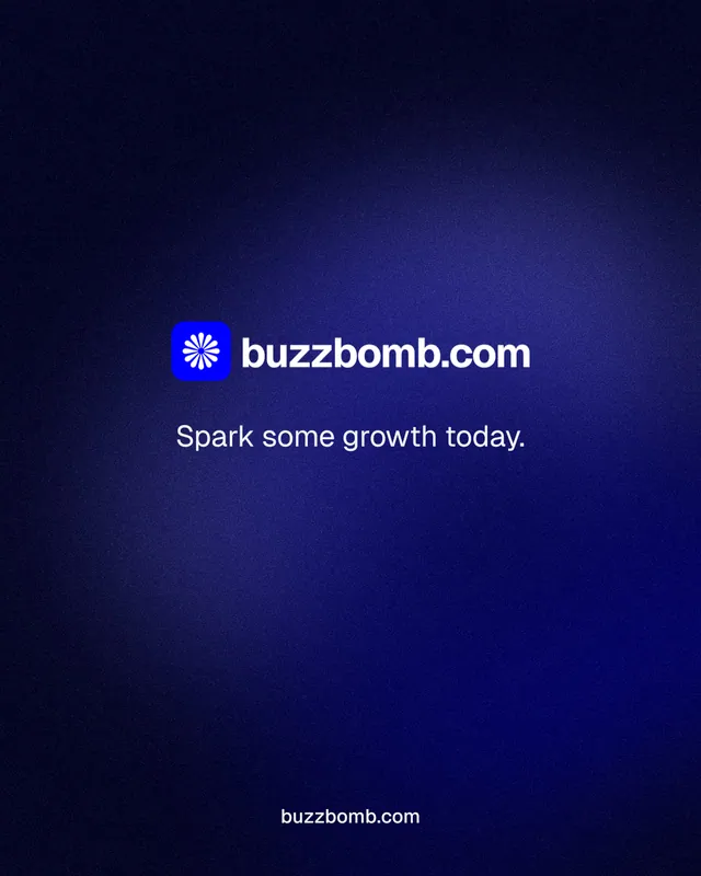 Instagram portrait post for BuzzBomb: "Spark some growth today." Agentic glass style, end card layout, dark palette in black, blue.