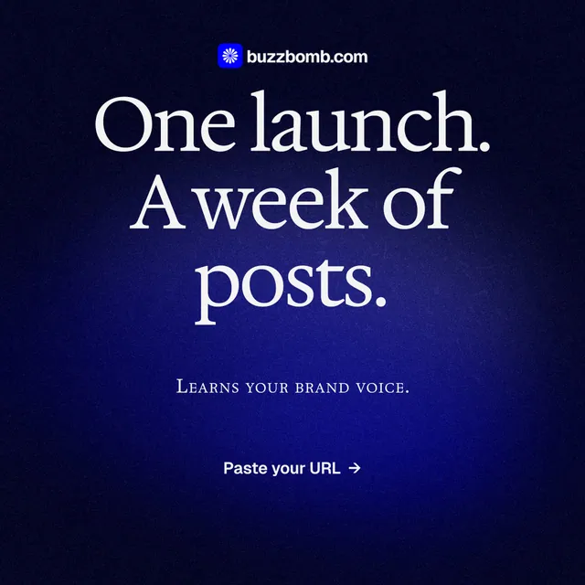 Instagram post for BuzzBomb: "One launch. A week of posts." Agentic glass style, smallcaps layout, dark palette in blue, black.