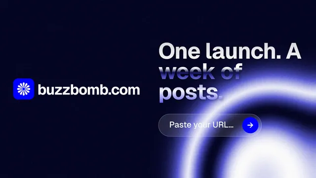 Landscape graphic for BuzzBomb: "One launch. A week of posts." Agentic glass style, logo hero layout, dark palette in black, blue.