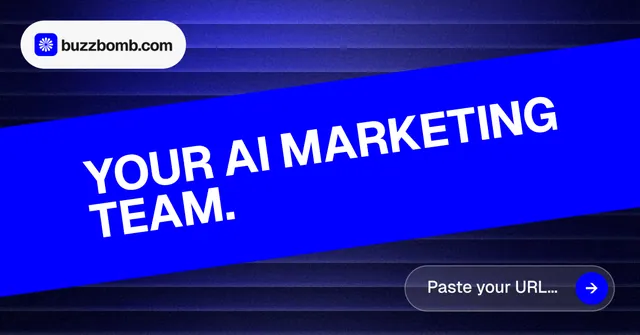 Social ad for BuzzBomb: "Your AI marketing team." Agentic glass style, diagonal layout, dark palette in blue.