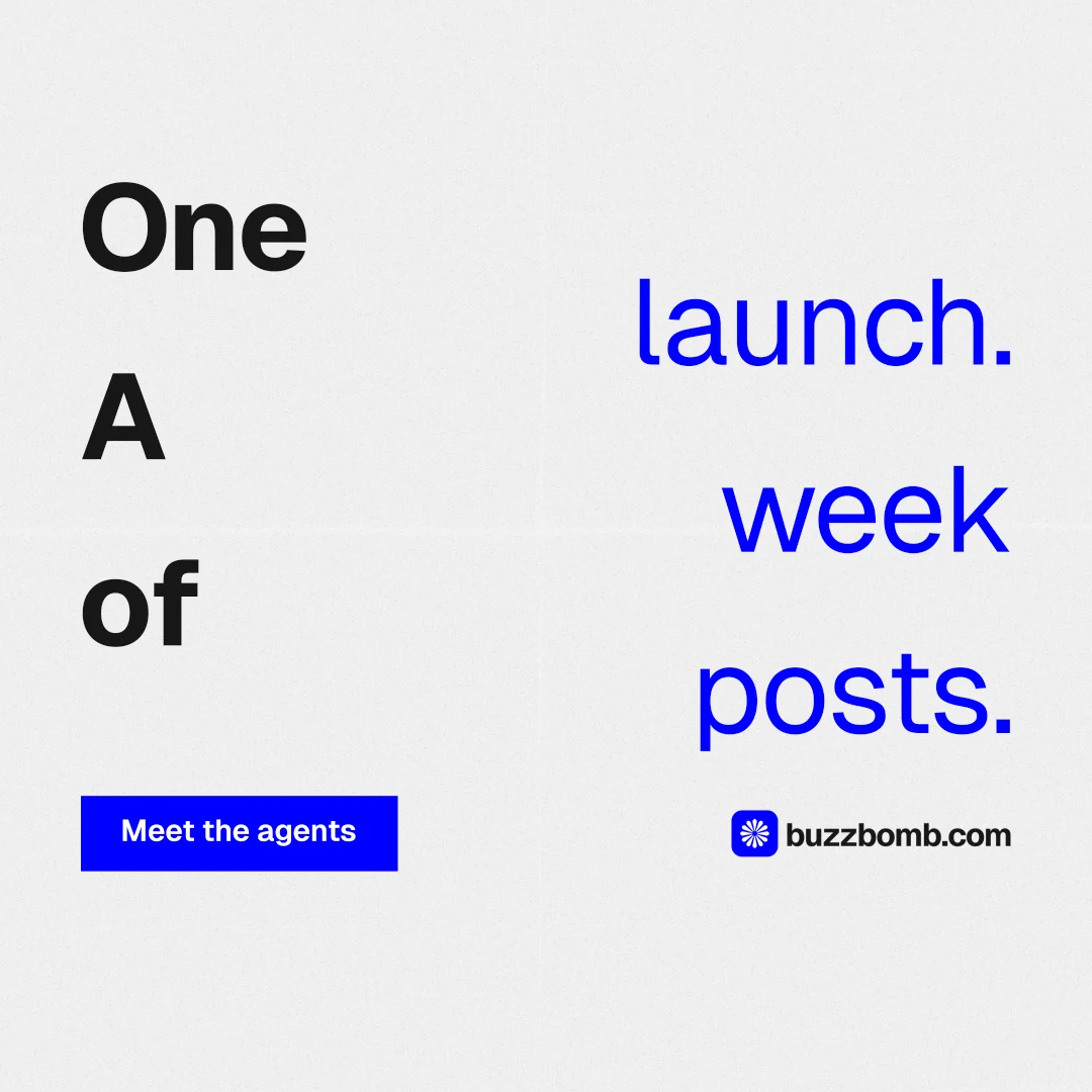 Instagram post for BuzzBomb: "One launch. A week of posts." Swiss style, stacked layout, light palette in white, blue.